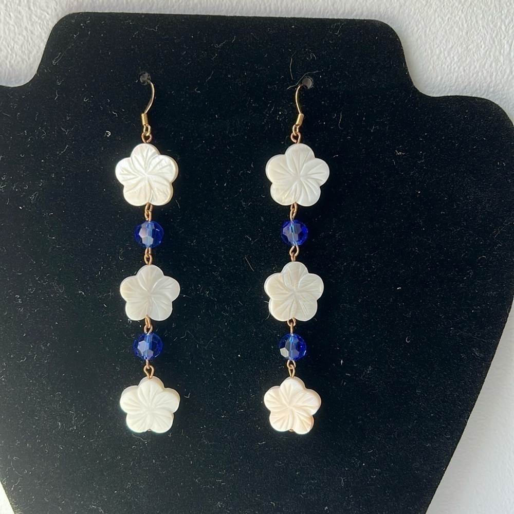 Handmade 4 inch Lei flower and blue crystal bead drop earrings